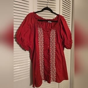 Fashion Bug Red Blouse with White Embroidery